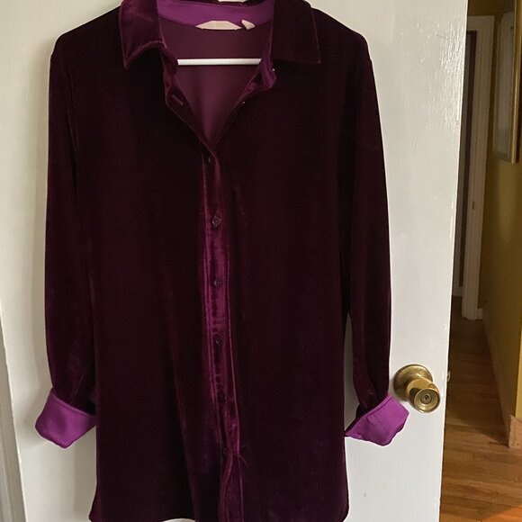SOFT SURROUNDINGS Dark Purple Velvet Button Boyfriend Tunic Blouse Shirt - M - Picture 2 of 4
